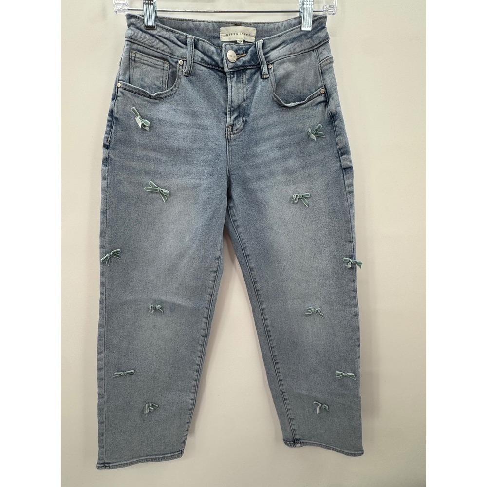 Risen Jeans Light Wash Velvet Bow Embellished Straight Leg Jeans Size 0/24